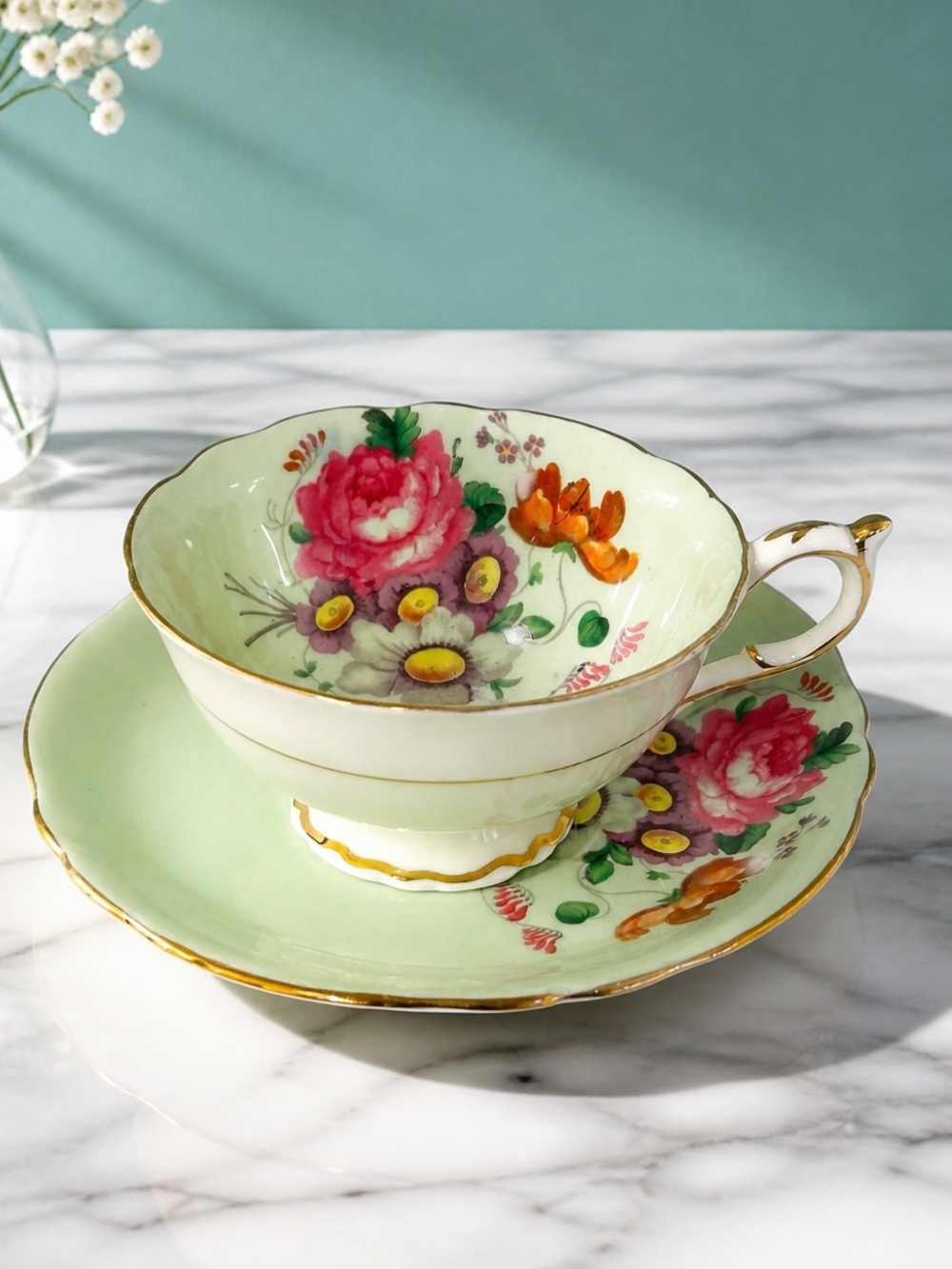 Vintage Paragon Mint Green Cabbage Rose Bouquet Tea Cup and Saucer